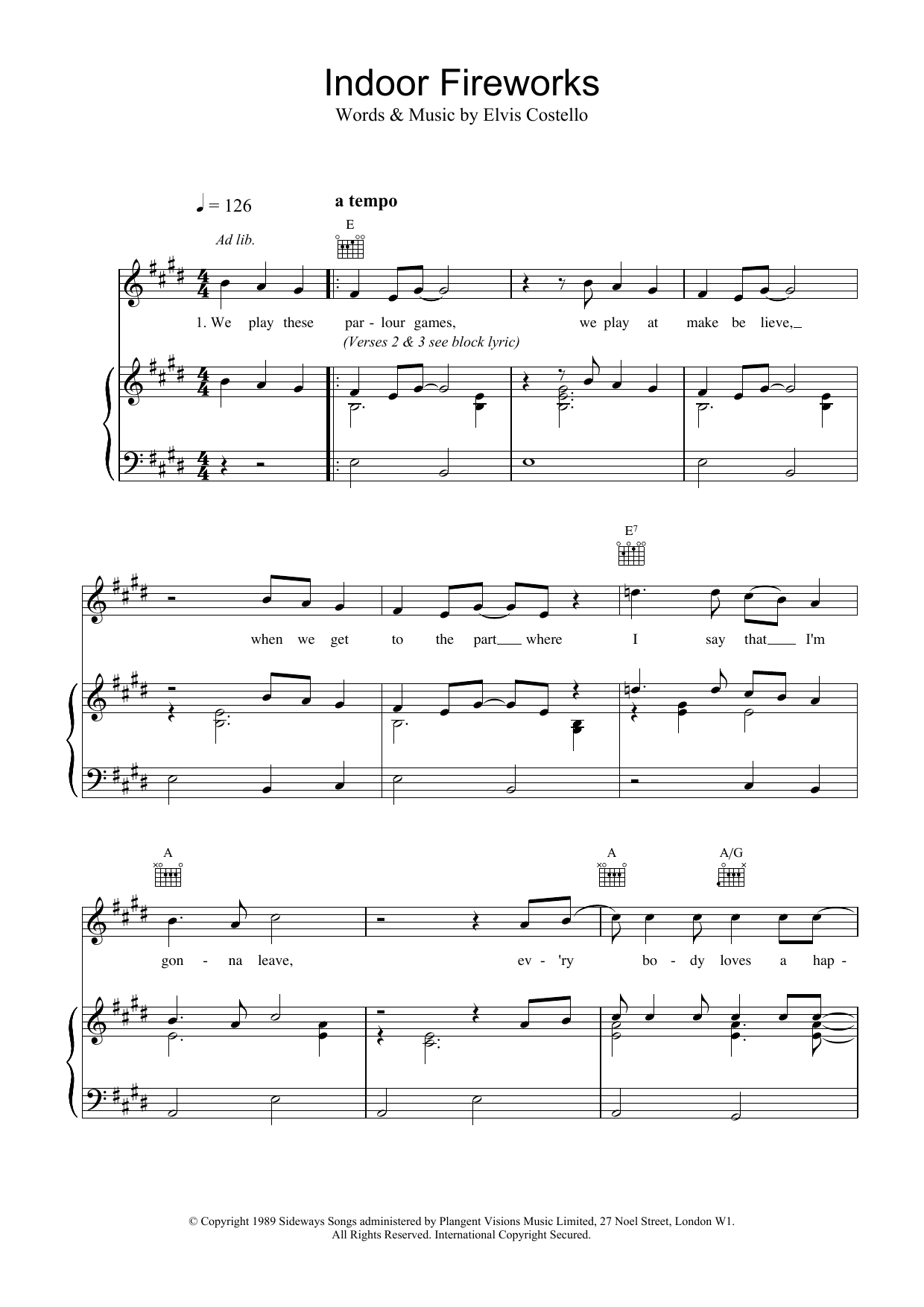 Elvis Costello Indoor Fireworks sheet music notes and chords arranged for Piano, Vocal & Guitar Chords