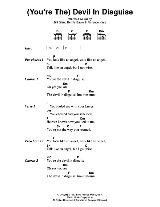 Elvis Presley (You're The) Devil In Disguise sheet music notes and chords arranged for Guitar Chords/Lyrics