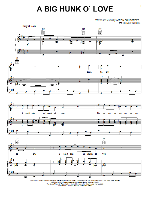 Elvis Presley A Big Hunk O' Love sheet music notes and chords. Download Printable PDF.