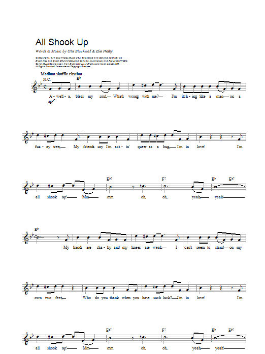 Elvis Presley All Shook Up sheet music notes and chords arranged for Ukulele Chords/Lyrics