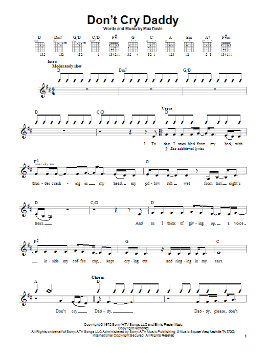 Elvis Presley Don't Cry Daddy sheet music notes and chords arranged for Guitar Chords/Lyrics