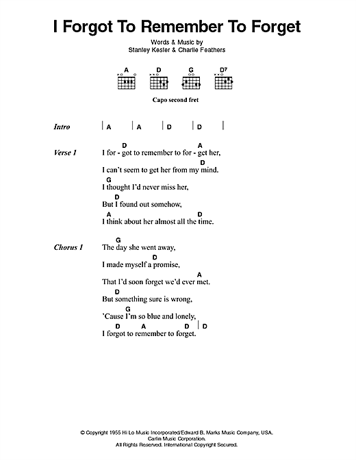 Elvis Presley I Forgot To Remember To Forget sheet music notes and chords arranged for Guitar Chords/Lyrics