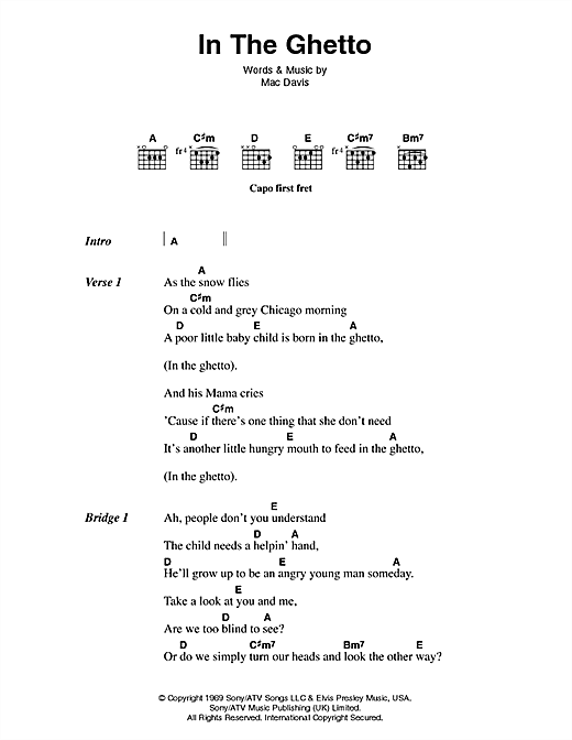 Elvis Presley In The Ghetto sheet music notes and chords arranged for Guitar Chords/Lyrics