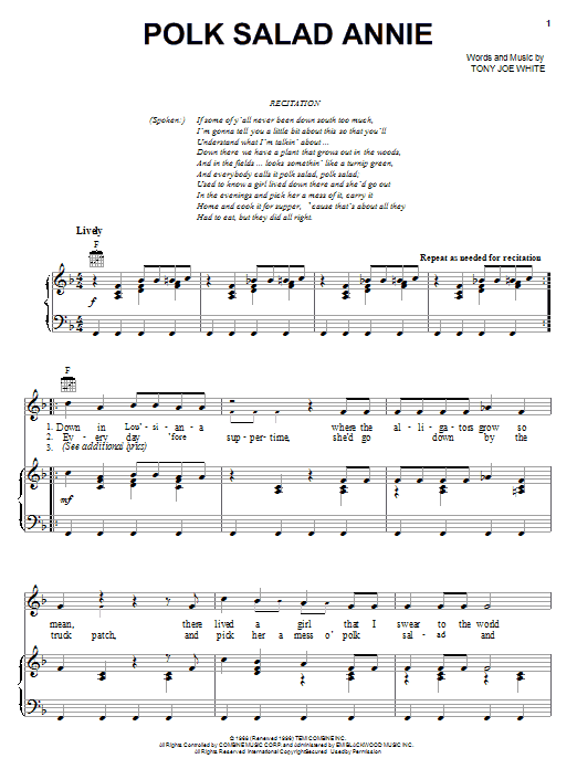 Elvis Presley Polk Salad Annie sheet music notes and chords. Download Printable PDF.