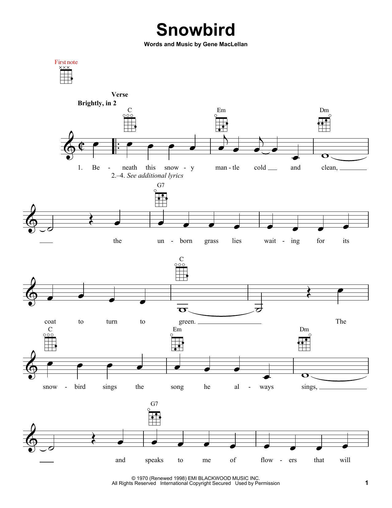 Elvis Presley Snowbird sheet music notes and chords arranged for Ukulele