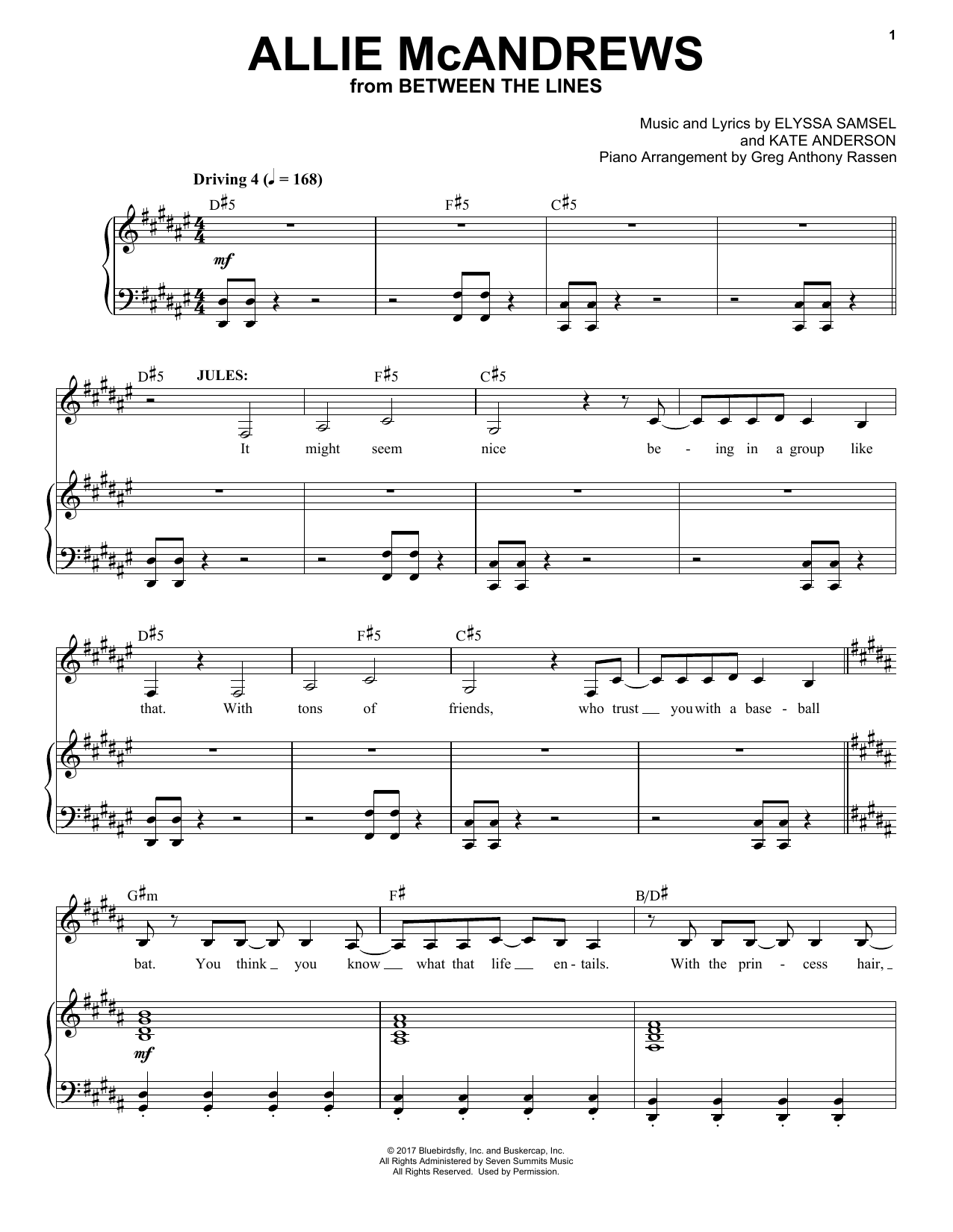 Elyssa Samsel & Kate Anderson Allie McAndrews (from Between The Lines) sheet music notes and chords arranged for Piano & Vocal