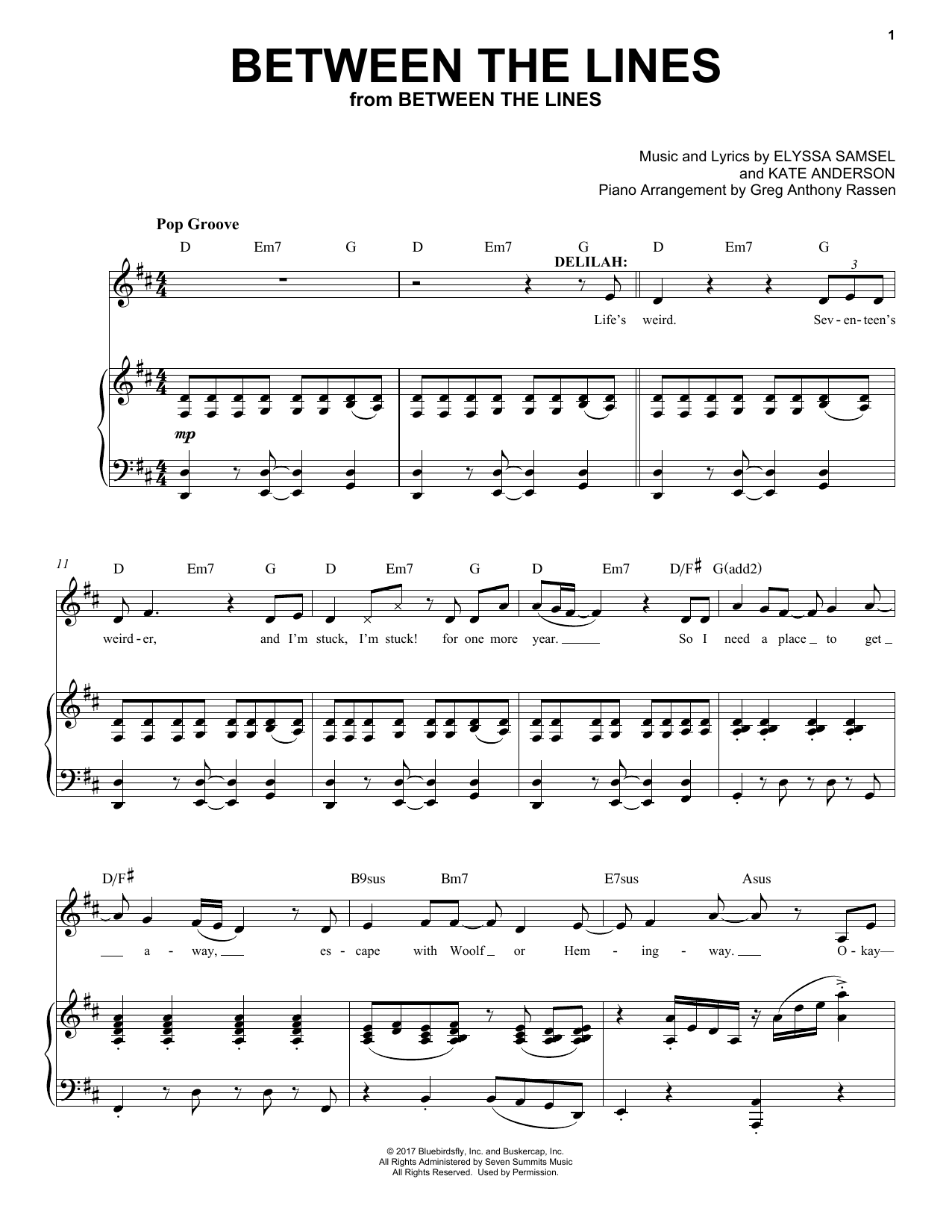 Elyssa Samsel & Kate Anderson Between The Lines (from Between The Lines) sheet music notes and chords arranged for Piano & Vocal
