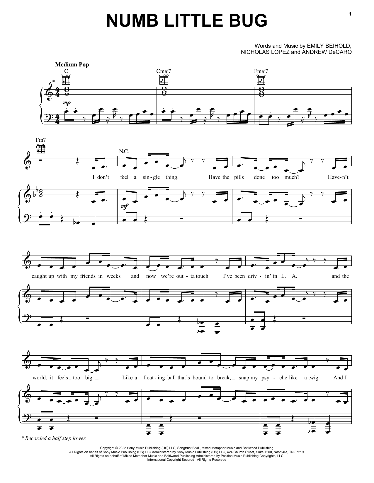 Em Beihold Numb Little Bug sheet music notes and chords arranged for Easy Piano