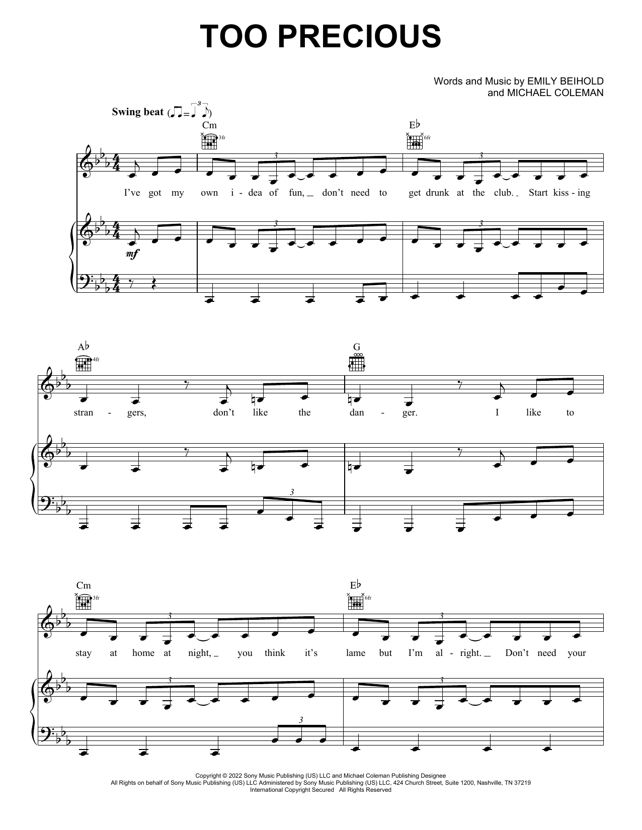 Em Beihold Too Precious sheet music notes and chords arranged for Piano, Vocal & Guitar Chords (Right-Hand Melody)
