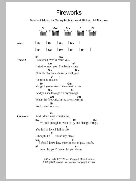 Embrace Fireworks sheet music notes and chords arranged for Guitar Chords/Lyrics