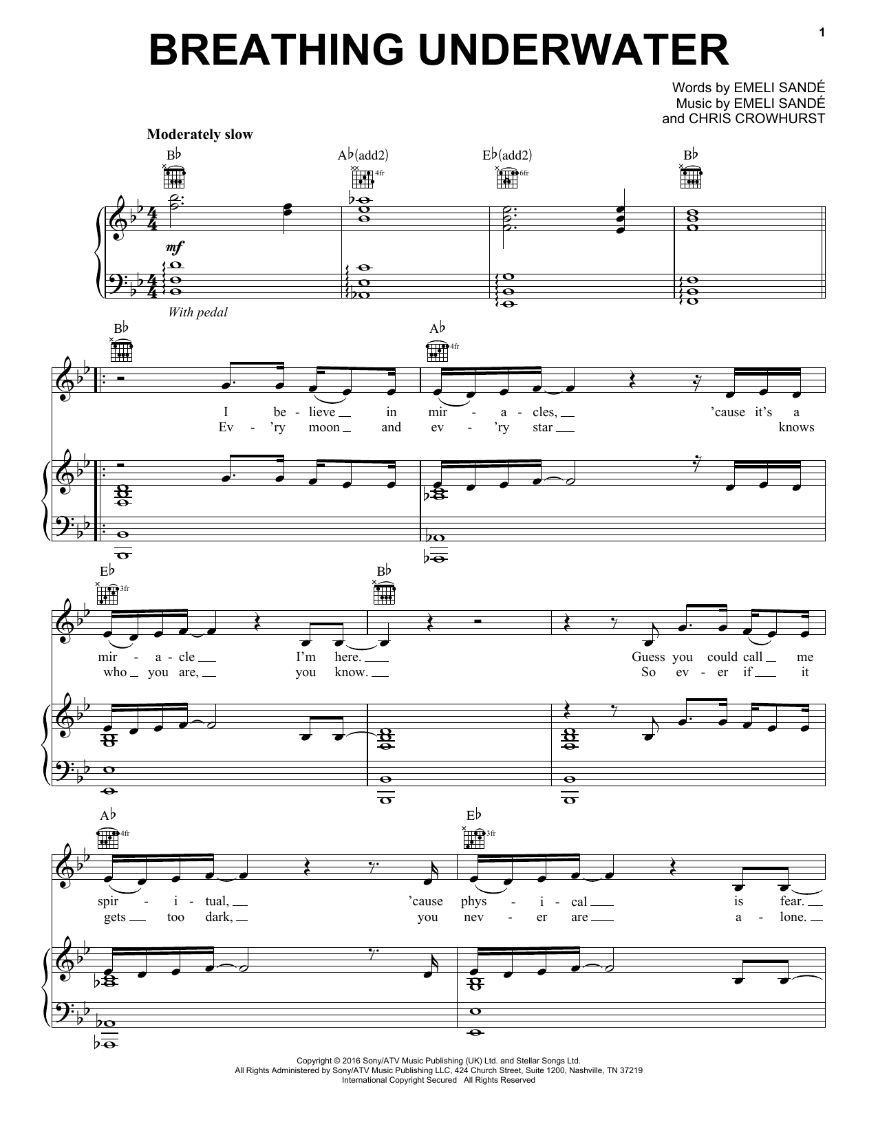Emeli Sandé Breathing Underwater sheet music notes and chords arranged for Piano, Vocal & Guitar Chords (Right-Hand Melody)