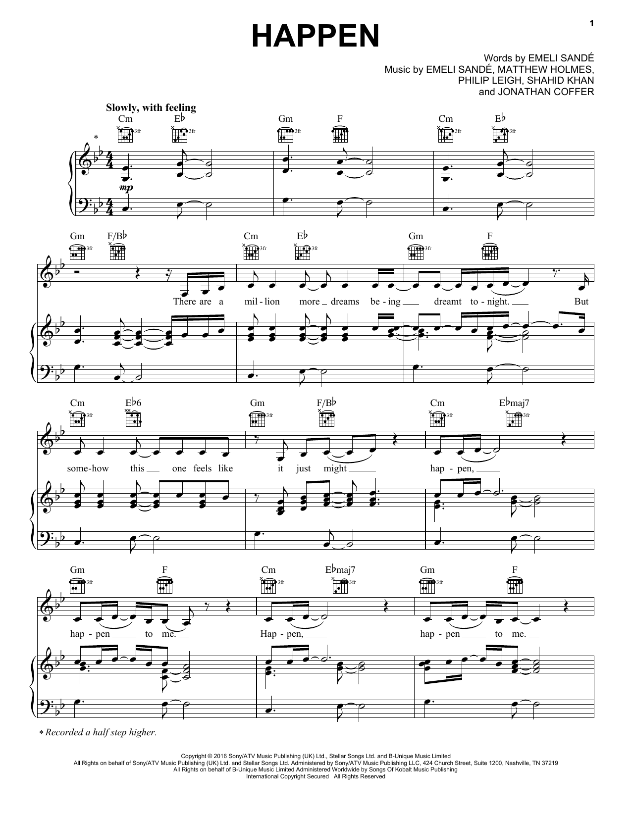 Emeli Sandé Happen sheet music notes and chords arranged for Piano, Vocal & Guitar Chords (Right-Hand Melody)