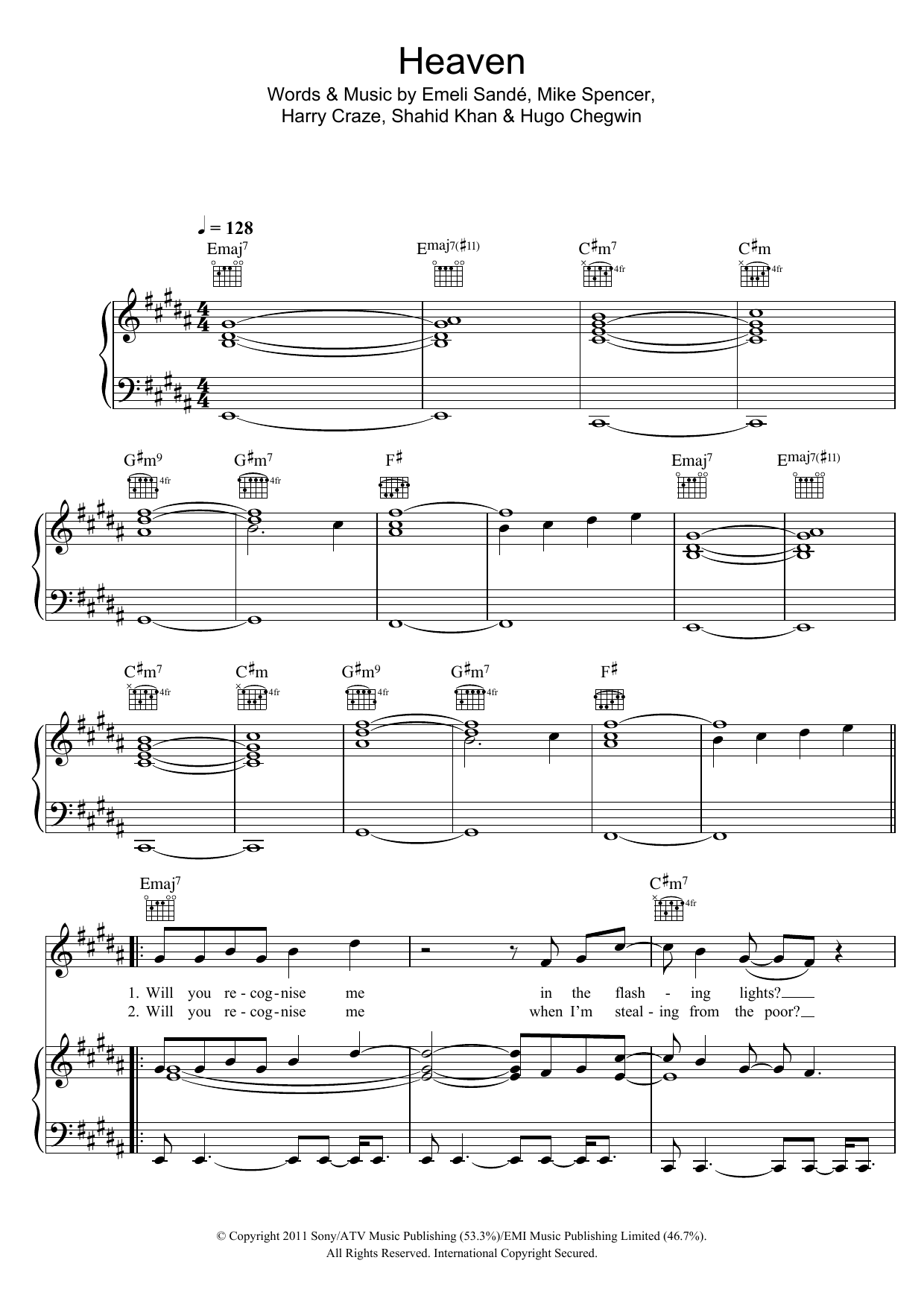 Emeli Sandé Heaven sheet music notes and chords arranged for Piano, Vocal & Guitar Chords