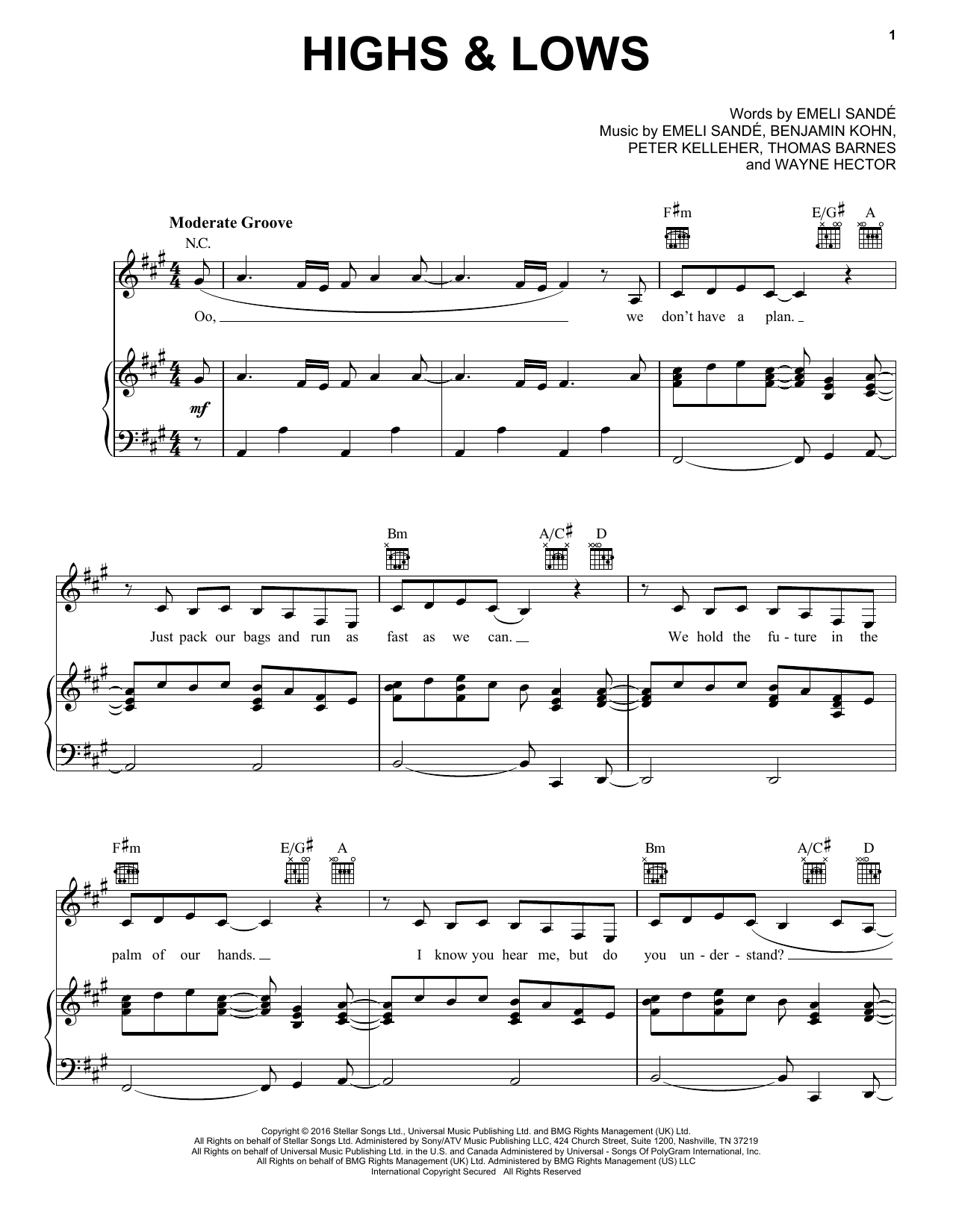 Emeli Sandé Highs & Lows sheet music notes and chords arranged for Piano, Vocal & Guitar Chords (Right-Hand Melody)