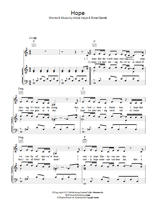 Emeli Sande Hope sheet music notes and chords arranged for Piano, Vocal & Guitar Chords