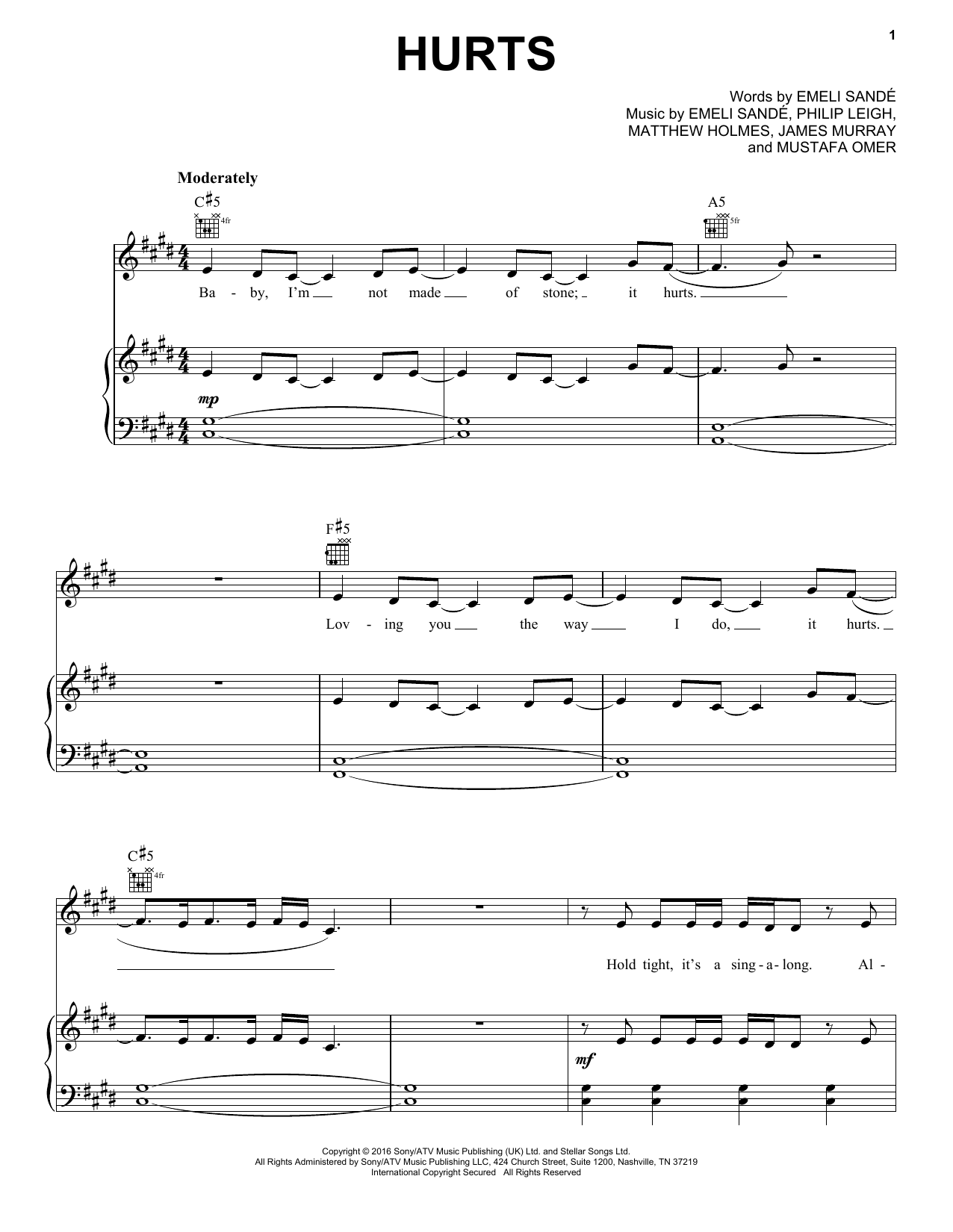 Emeli Sande Hurts sheet music notes and chords arranged for Piano, Vocal & Guitar Chords (Right-Hand Melody)