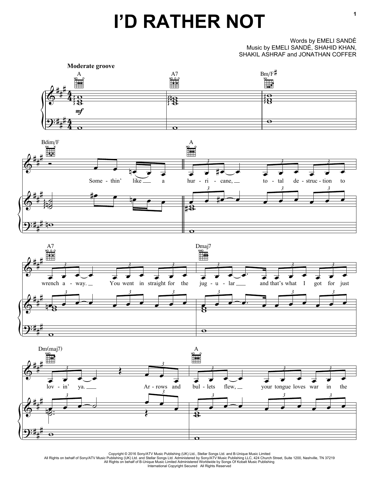 Emeli Sandé I'd Rather Not sheet music notes and chords arranged for Piano, Vocal & Guitar Chords (Right-Hand Melody)