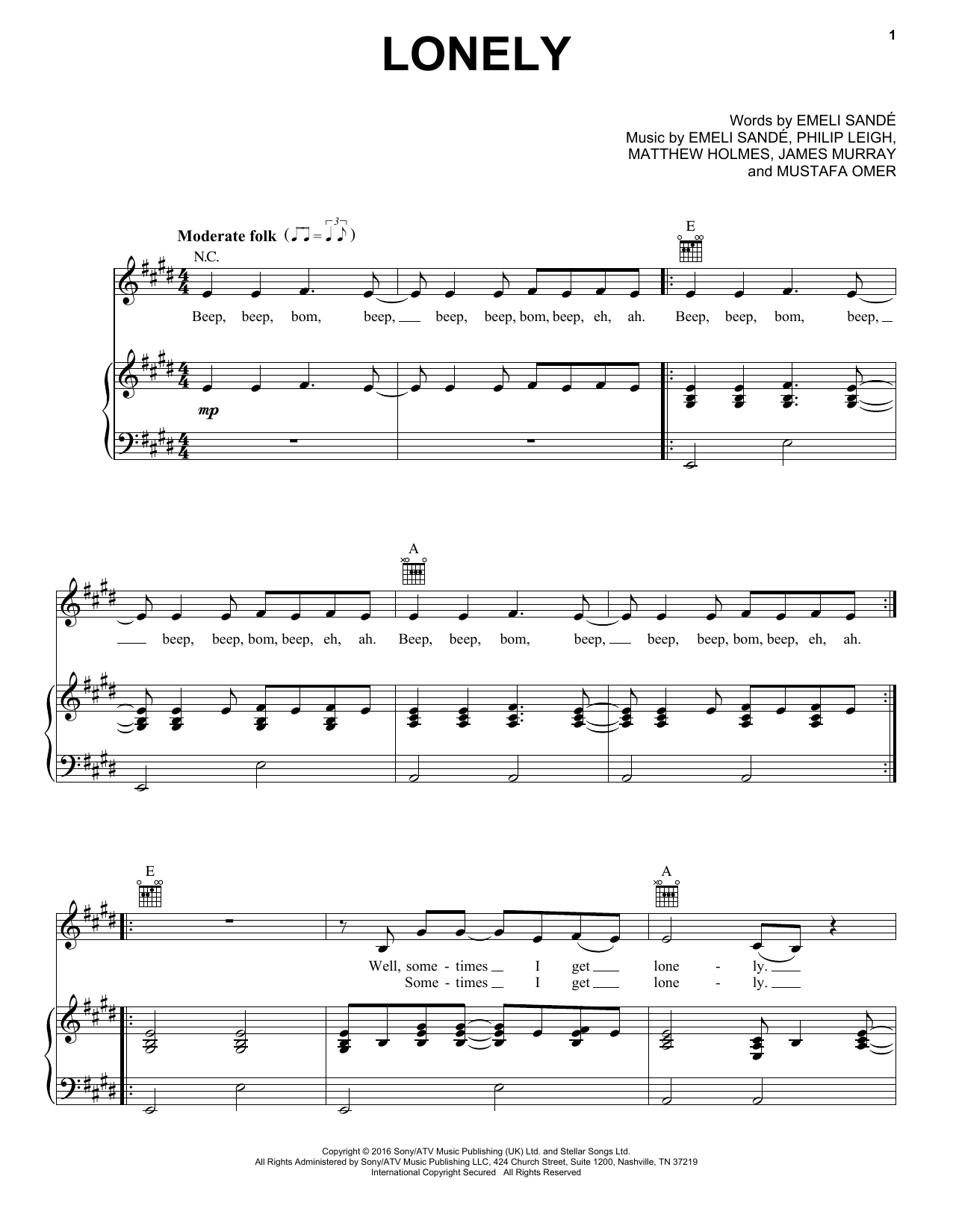 Emeli Sandé Lonely sheet music notes and chords arranged for Piano, Vocal & Guitar Chords (Right-Hand Melody)