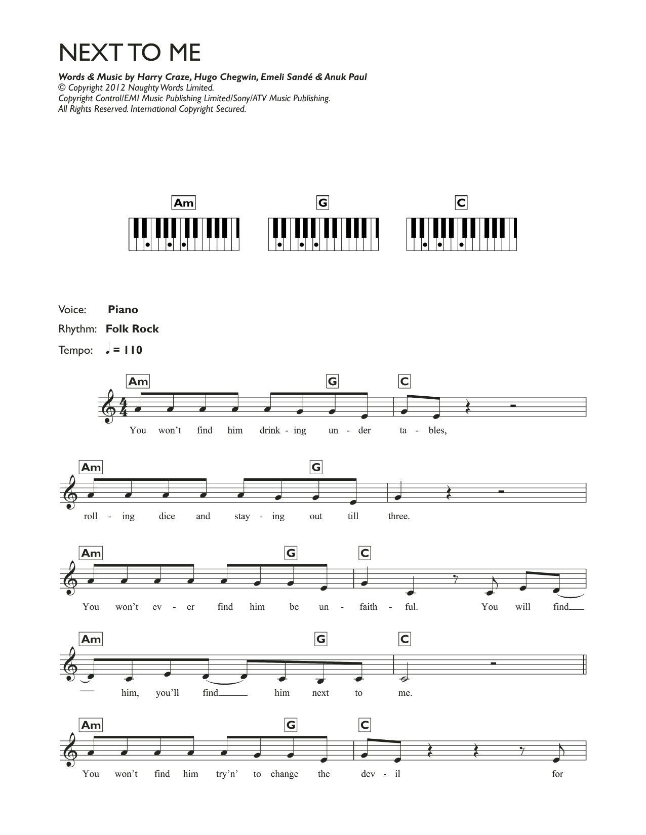 Emeli Sandé Next To Me sheet music notes and chords arranged for Easy Piano