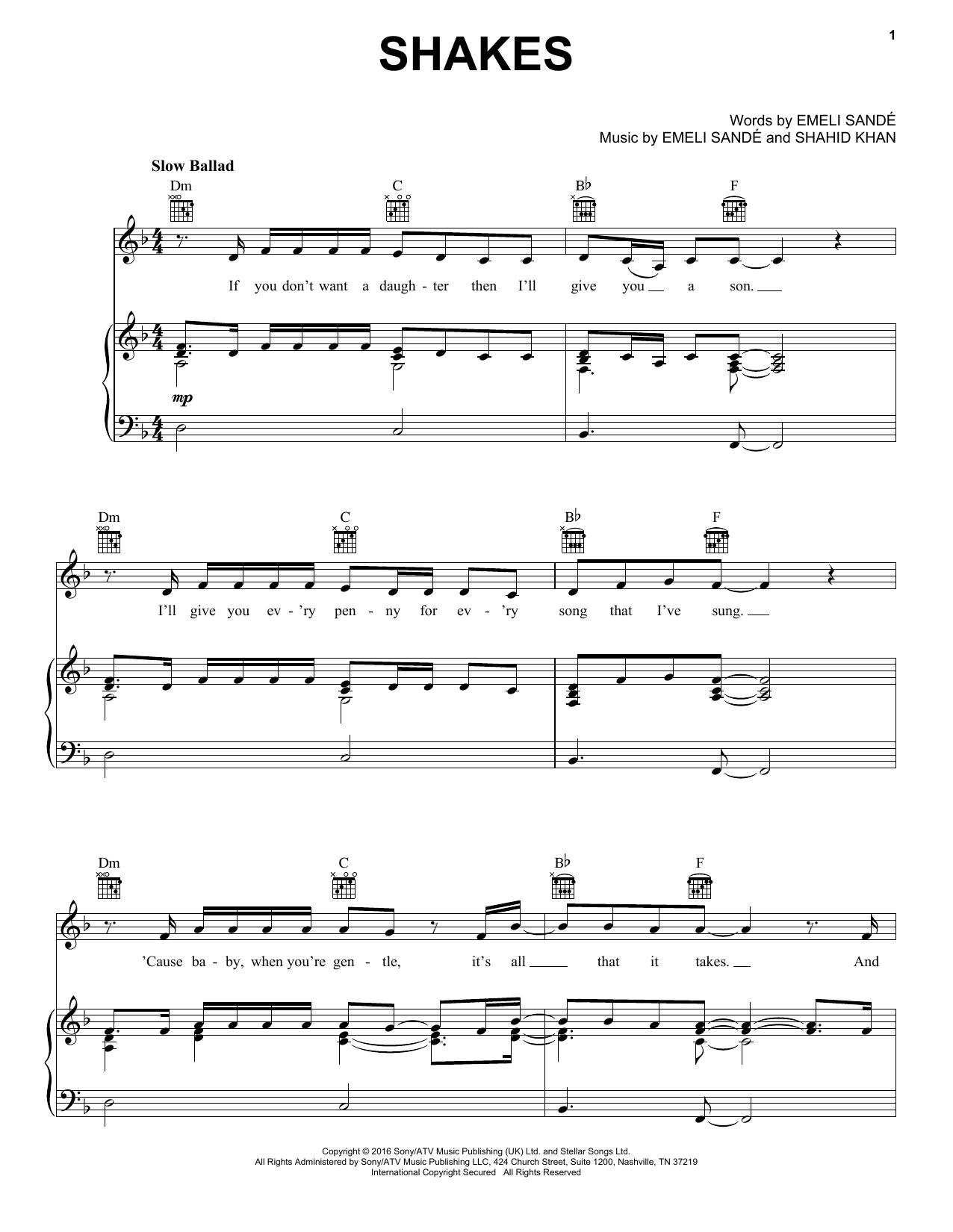 Emeli Sandé Shakes sheet music notes and chords arranged for Piano, Vocal & Guitar Chords (Right-Hand Melody)