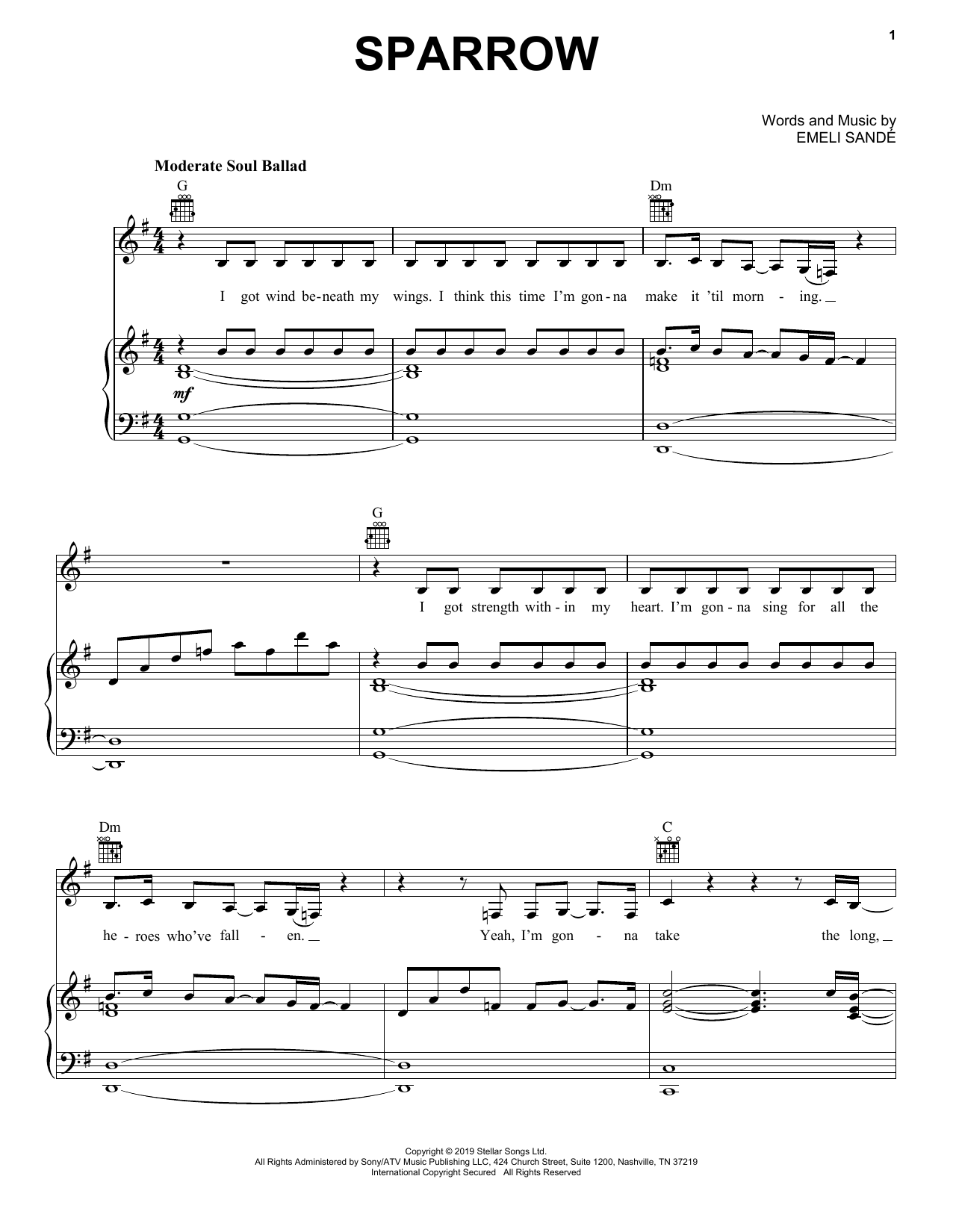 Emeli Sande Sparrow sheet music notes and chords arranged for Piano, Vocal & Guitar Chords (Right-Hand Melody)