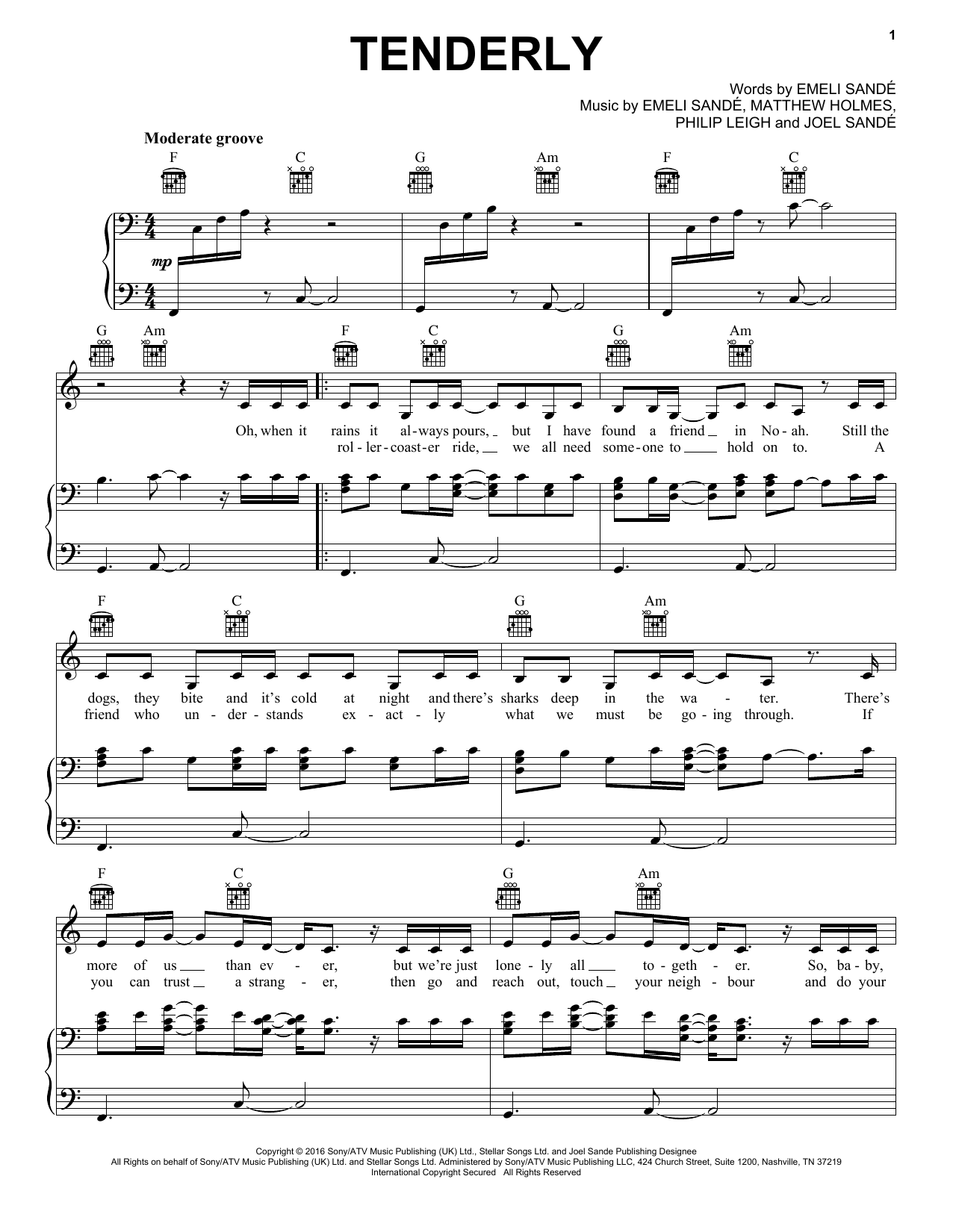 Emeli Sandé Tenderly sheet music notes and chords arranged for Piano, Vocal & Guitar Chords (Right-Hand Melody)