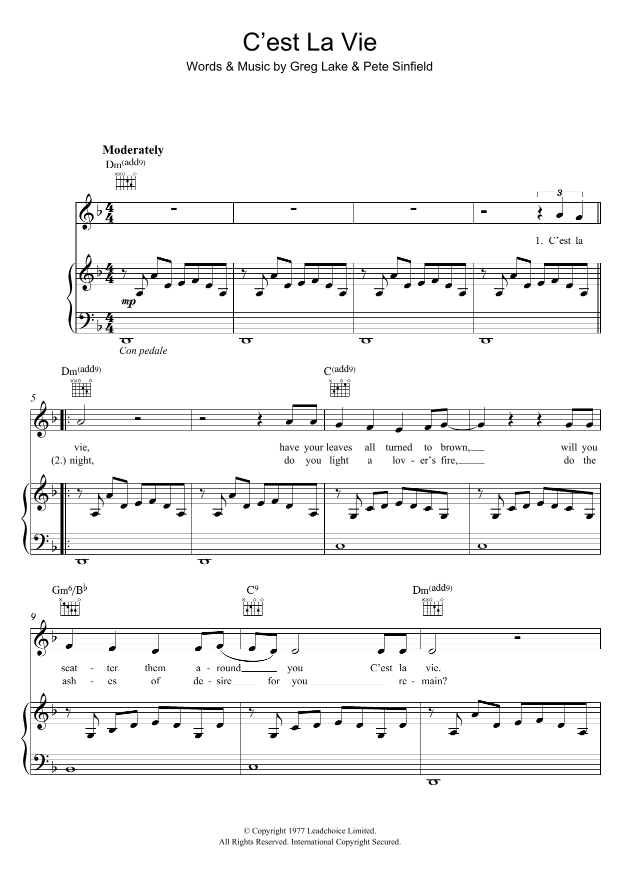 Emerson, Lake & Palmer C'est La Vie sheet music notes and chords arranged for Piano, Vocal & Guitar Chords