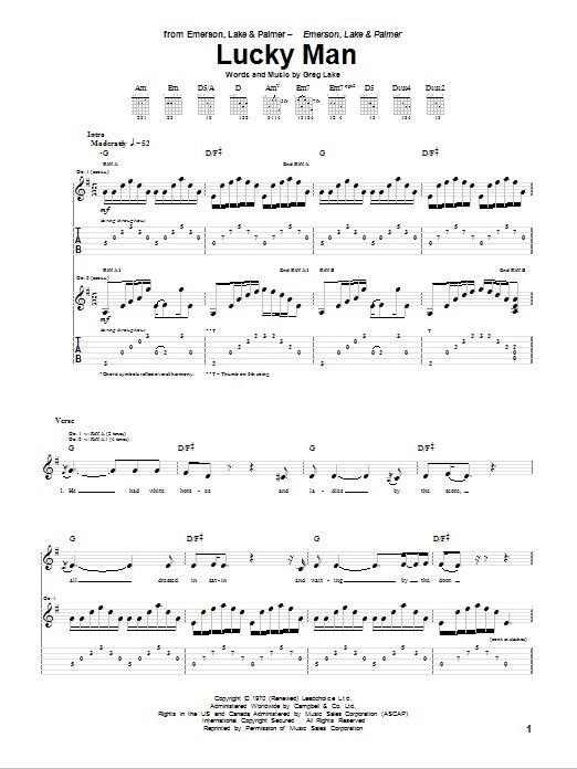 Emerson, Lake & Palmer Lucky Man sheet music notes and chords arranged for Guitar Chords/Lyrics
