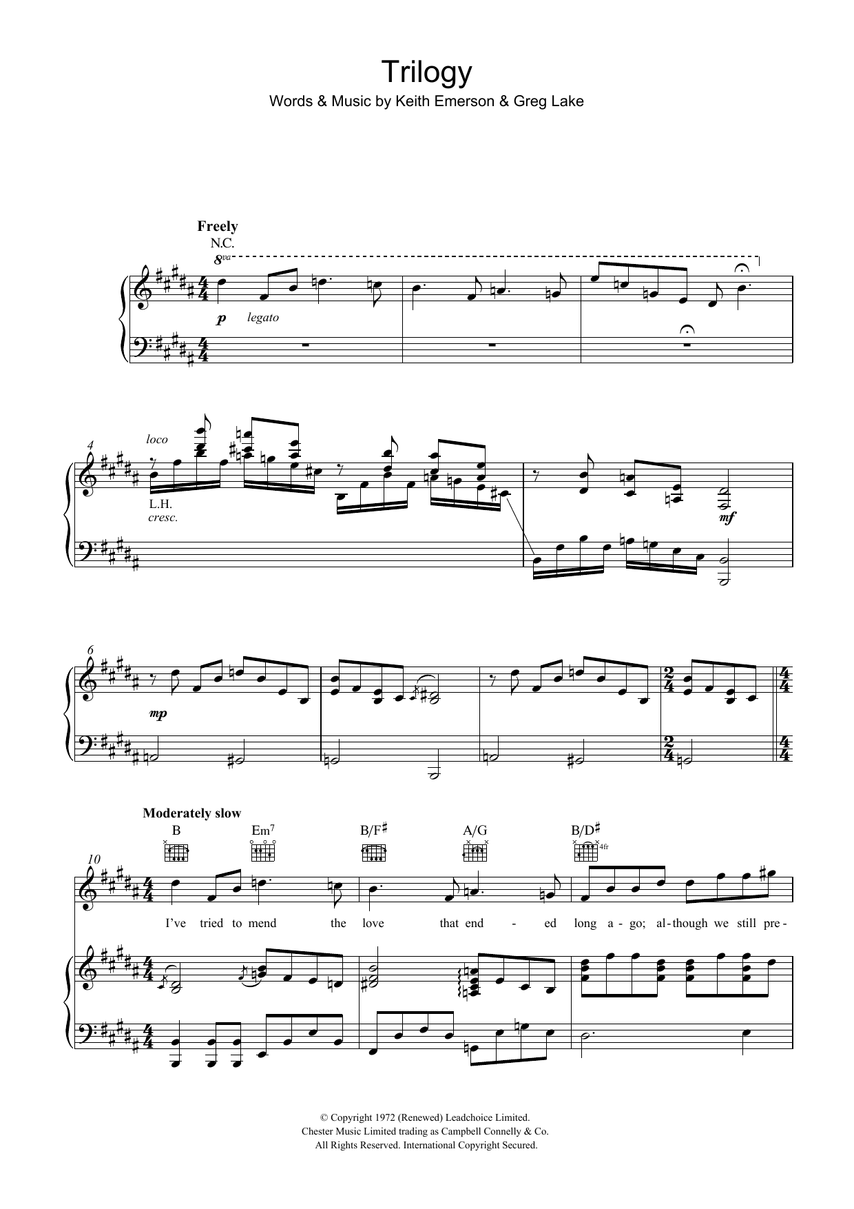Emerson, Lake & Palmer Trilogy sheet music notes and chords arranged for Piano, Vocal & Guitar Chords