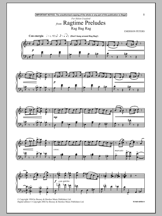Emerson Peters Rag Bag Rag (from Ragtime Preludes) sheet music notes and chords arranged for Piano Solo