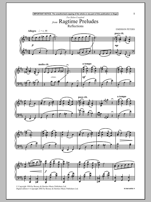 Emerson Peters Reflections (from Ragtime Preludes) sheet music notes and chords arranged for Piano Solo