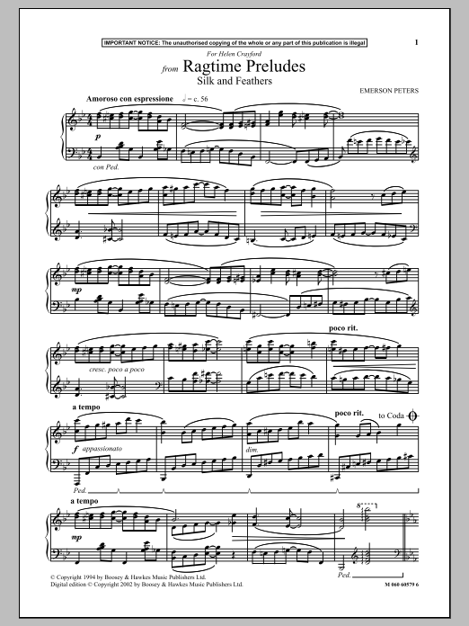 Emerson Peters Silk And Feathers (from Ragtime Preludes) sheet music notes and chords arranged for Piano Solo