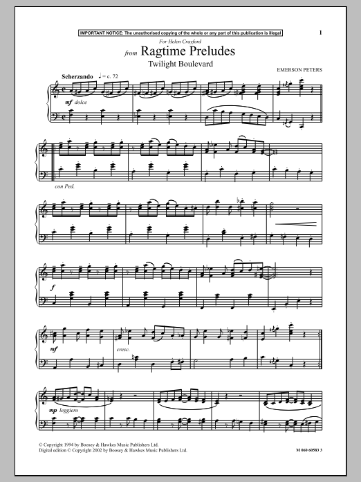 Emerson Peters Twilight Boulevard (from Ragtime Preludes) sheet music notes and chords arranged for Piano Solo
