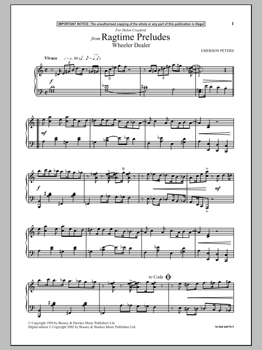 Emerson Peters Wheeler Dealer (from Ragtime Preludes) sheet music notes and chords arranged for Piano Solo