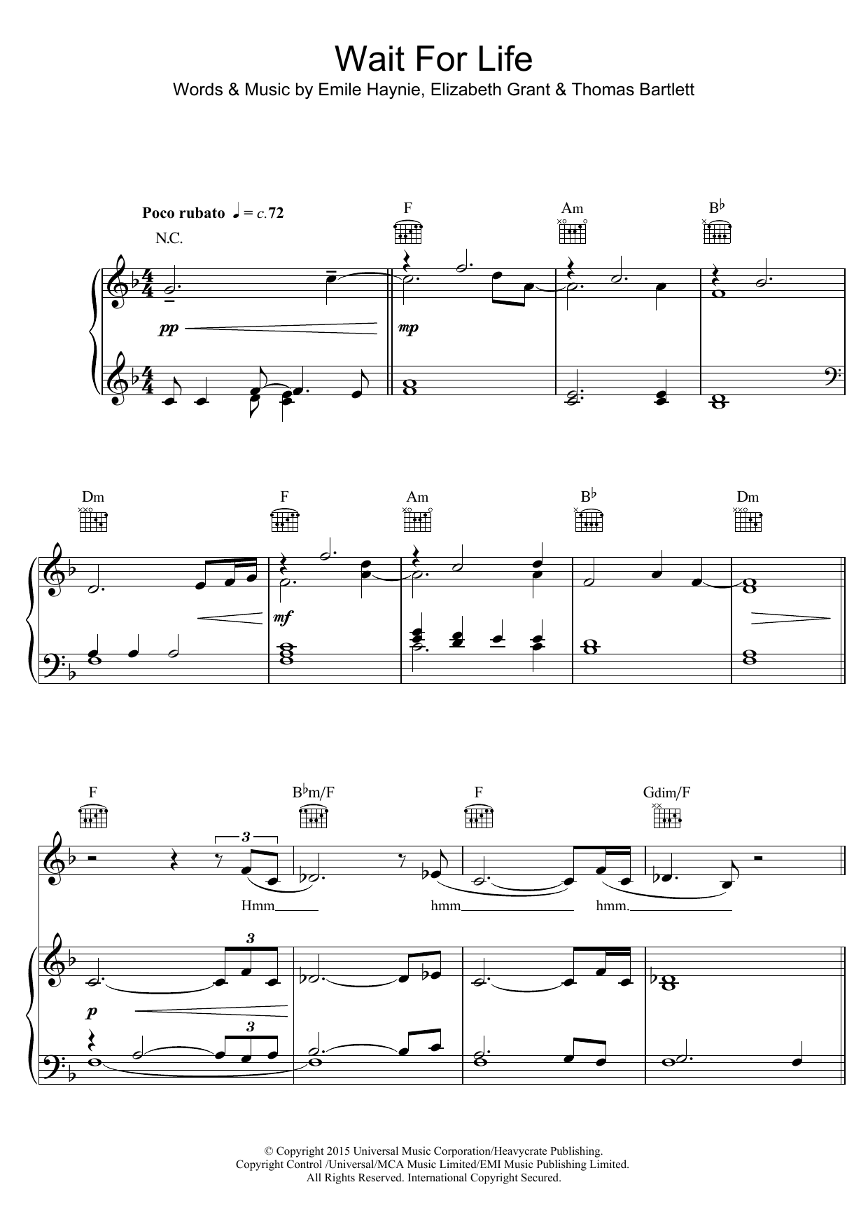 Emile Haynie Wait For Life (featuring Lana Del Rey) sheet music notes and chords arranged for Piano, Vocal & Guitar Chords