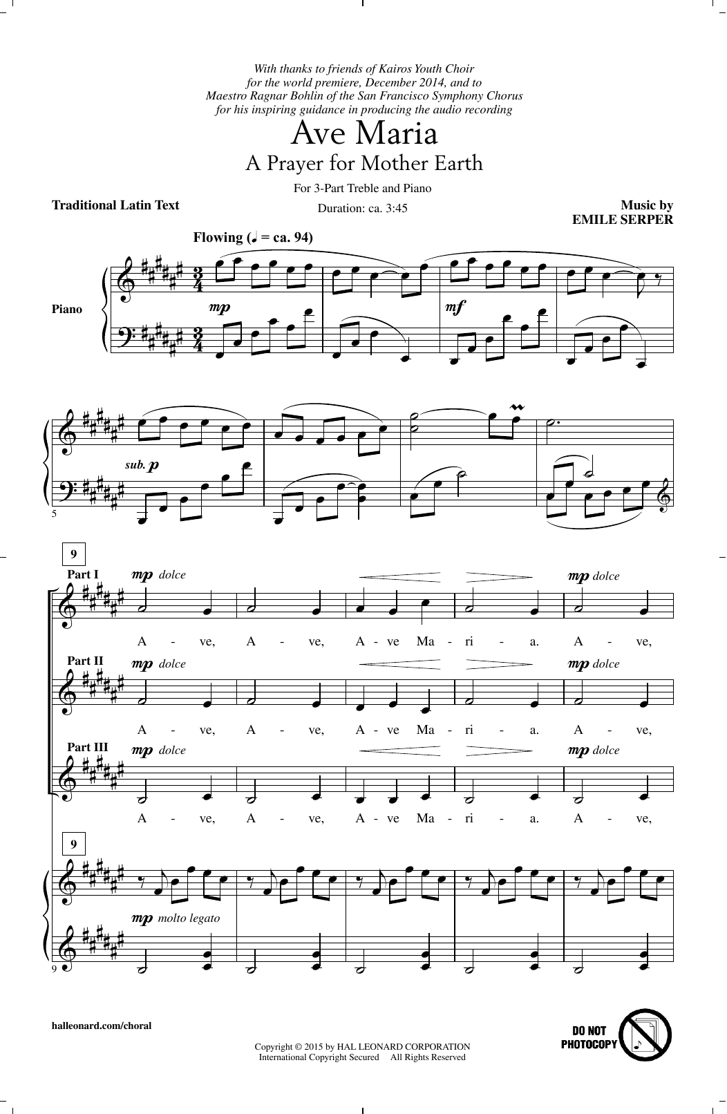 Emile Serper Ave Maria sheet music notes and chords arranged for 3-Part Treble Choir
