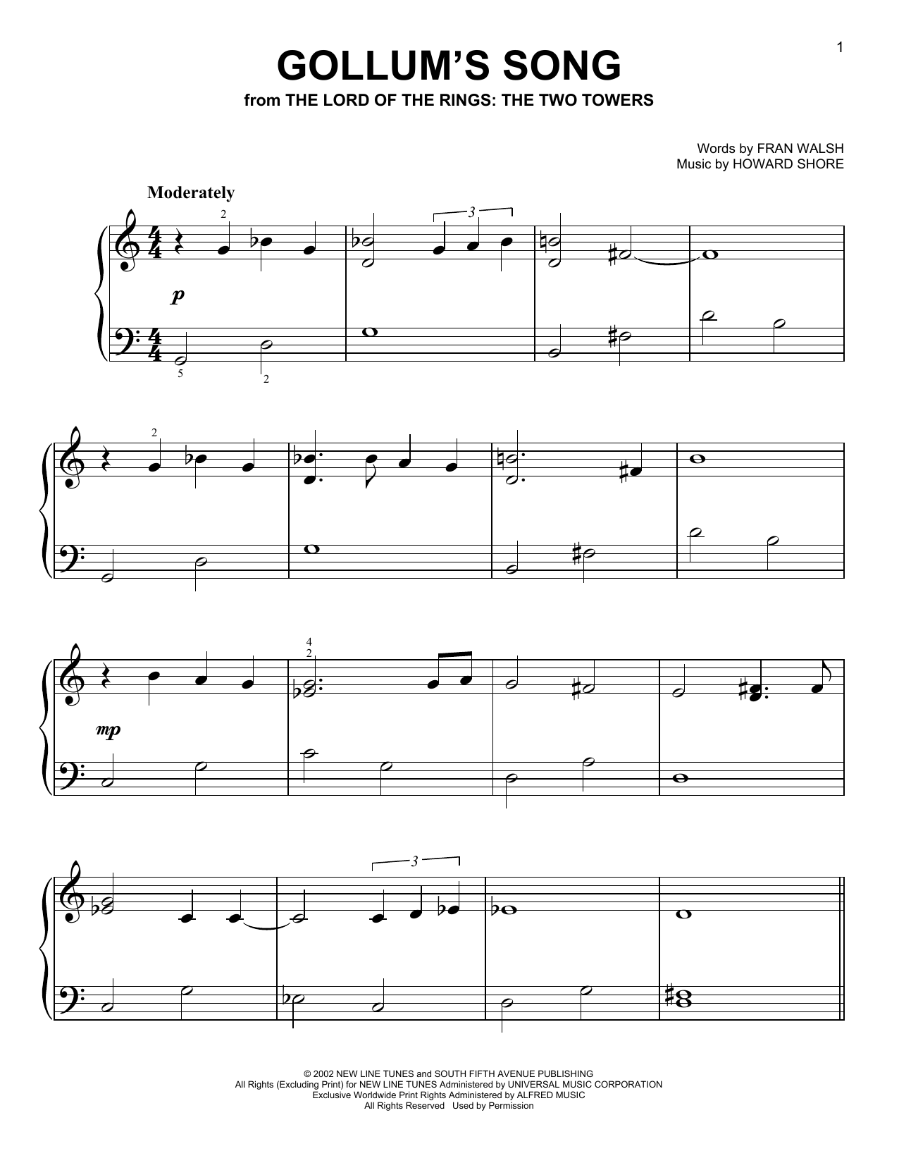 Emilíana Torrini Gollum's Song (from The Lord Of The Rings: The Two Towers) sheet music notes and chords arranged for Easy Piano