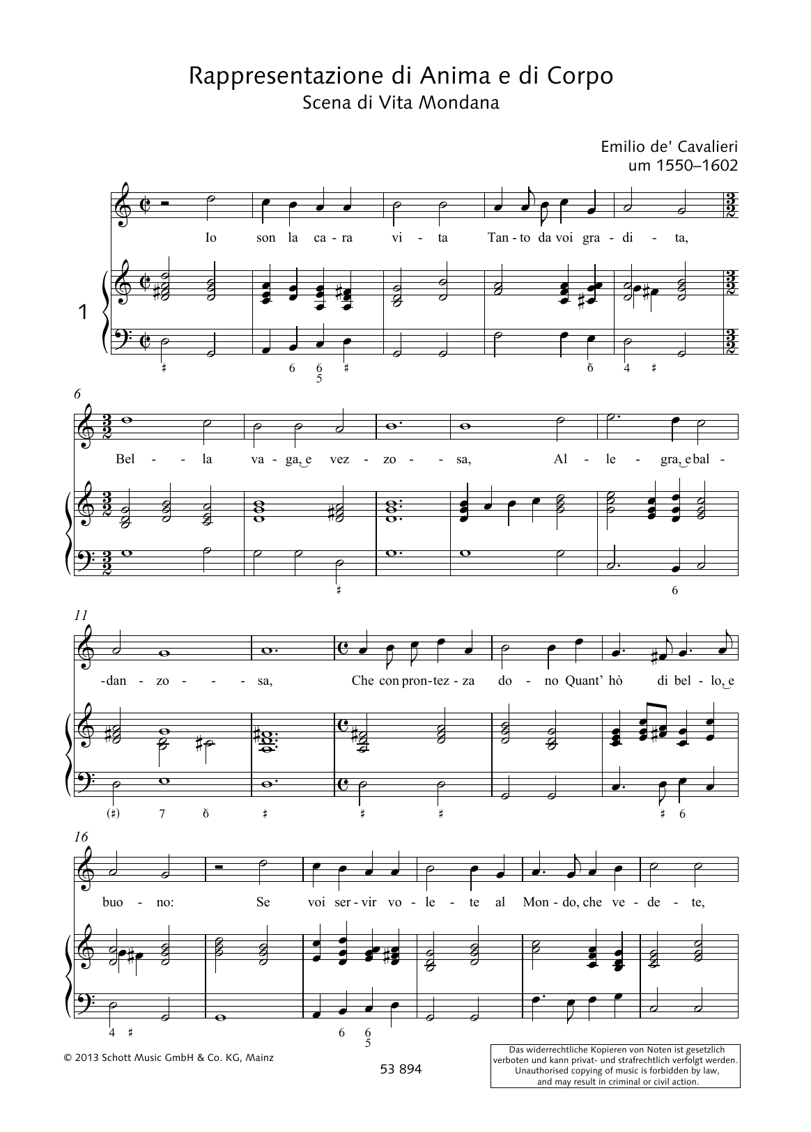 Emilio de Cavalieri Io son la cara vita Tanto da voi grandita sheet music notes and chords arranged for Piano & Vocal