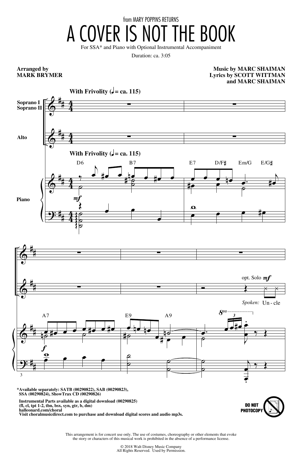 Emily Blunt, Lin-Manuel Miranda & Company A Cover Is Not The Book (from Mary Poppins Returns) (arr. Mark Brymer) sheet music notes and chords arranged for SSA Choir