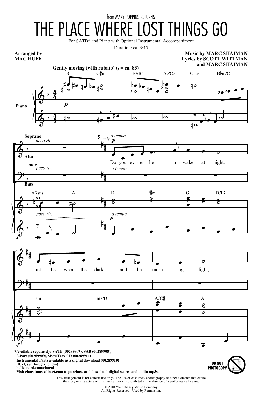Emily Blunt The Place Where Lost Things Go (from Mary Poppins Returns) (arr. Mac Huff) sheet music notes and chords arranged for SAB Choir