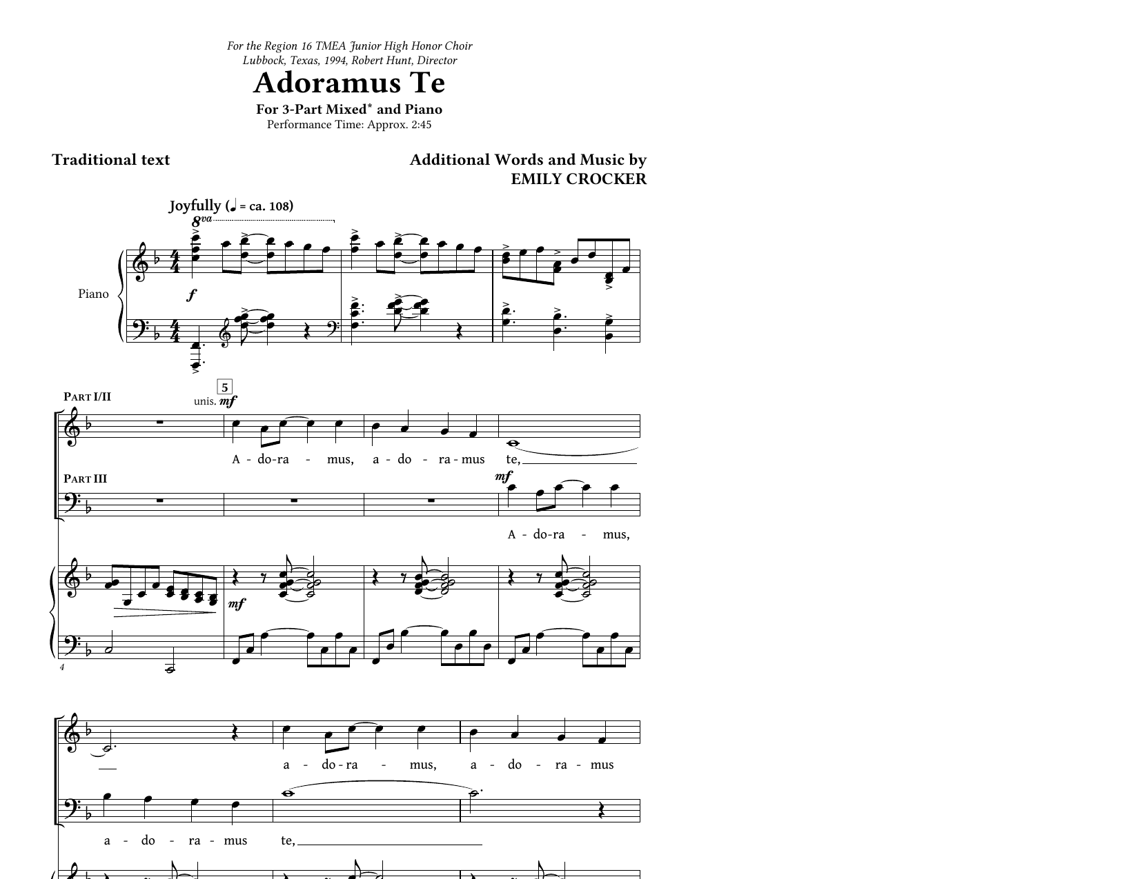 Emily Crocker Adoramus Te sheet music notes and chords arranged for 3-Part Mixed Choir