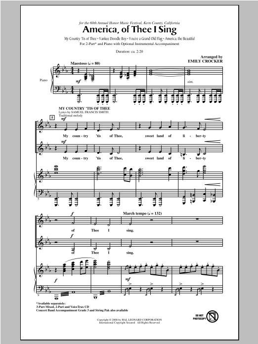 Emily Crocker America, Of Thee I Sing sheet music notes and chords arranged for 3-Part Mixed Choir