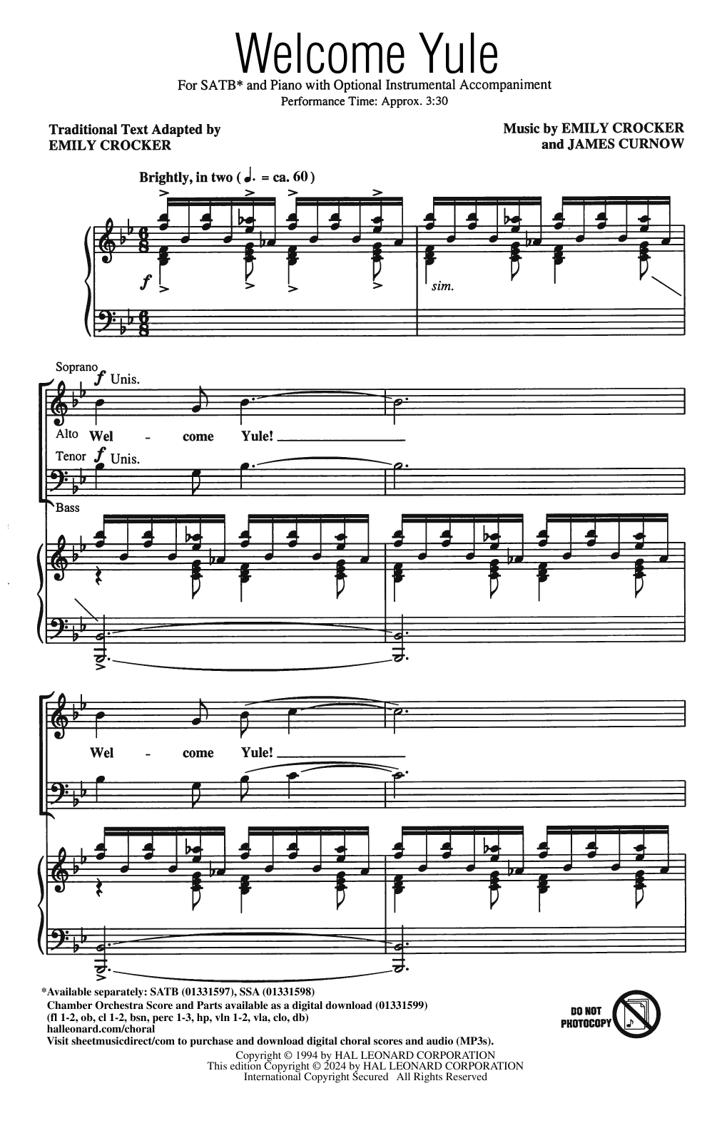 Emily Crocker and James Curnow Welcome Yule sheet music notes and chords arranged for SATB Choir