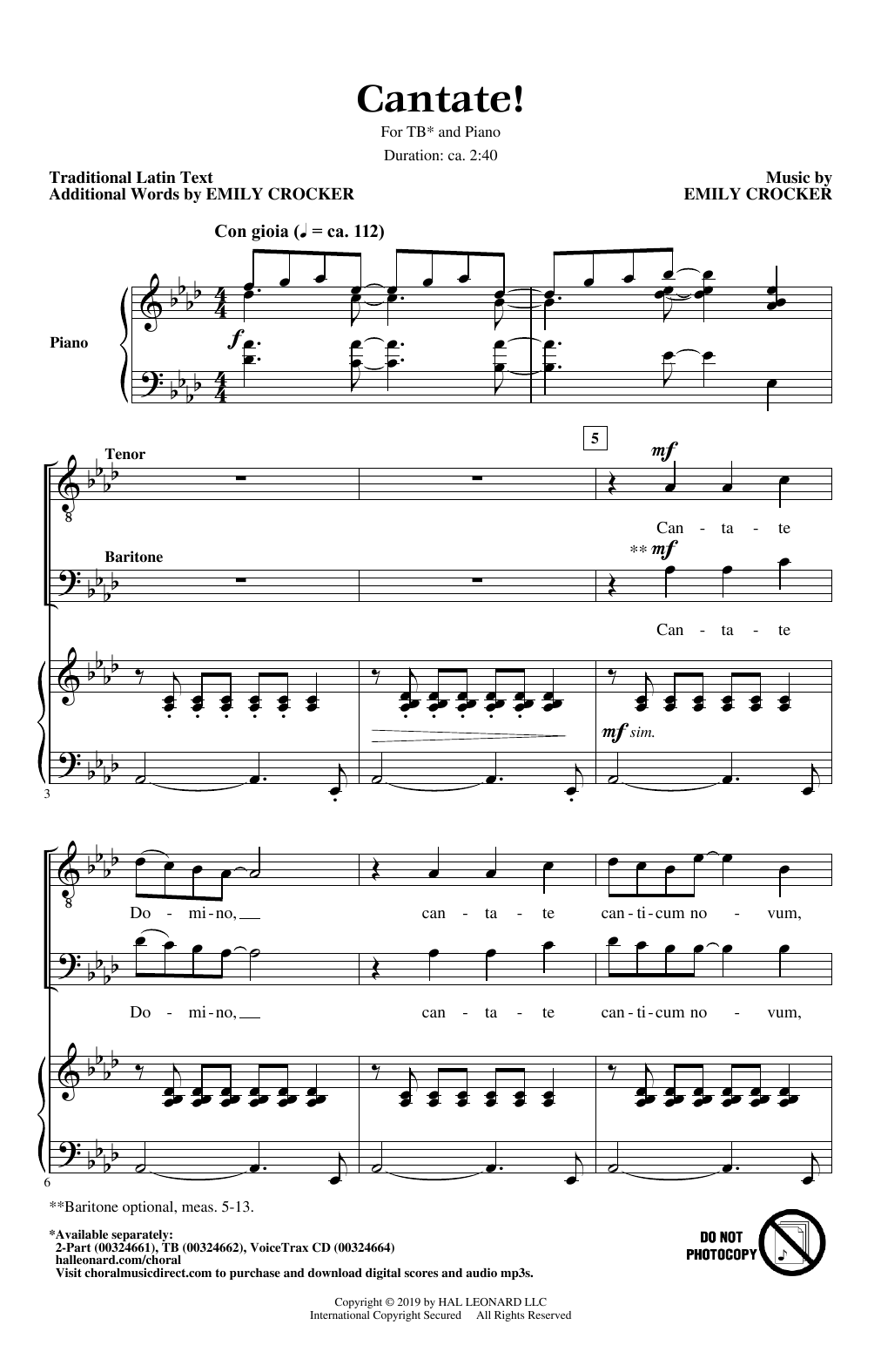 Emily Crocker Cantate! sheet music notes and chords arranged for 2-Part Choir