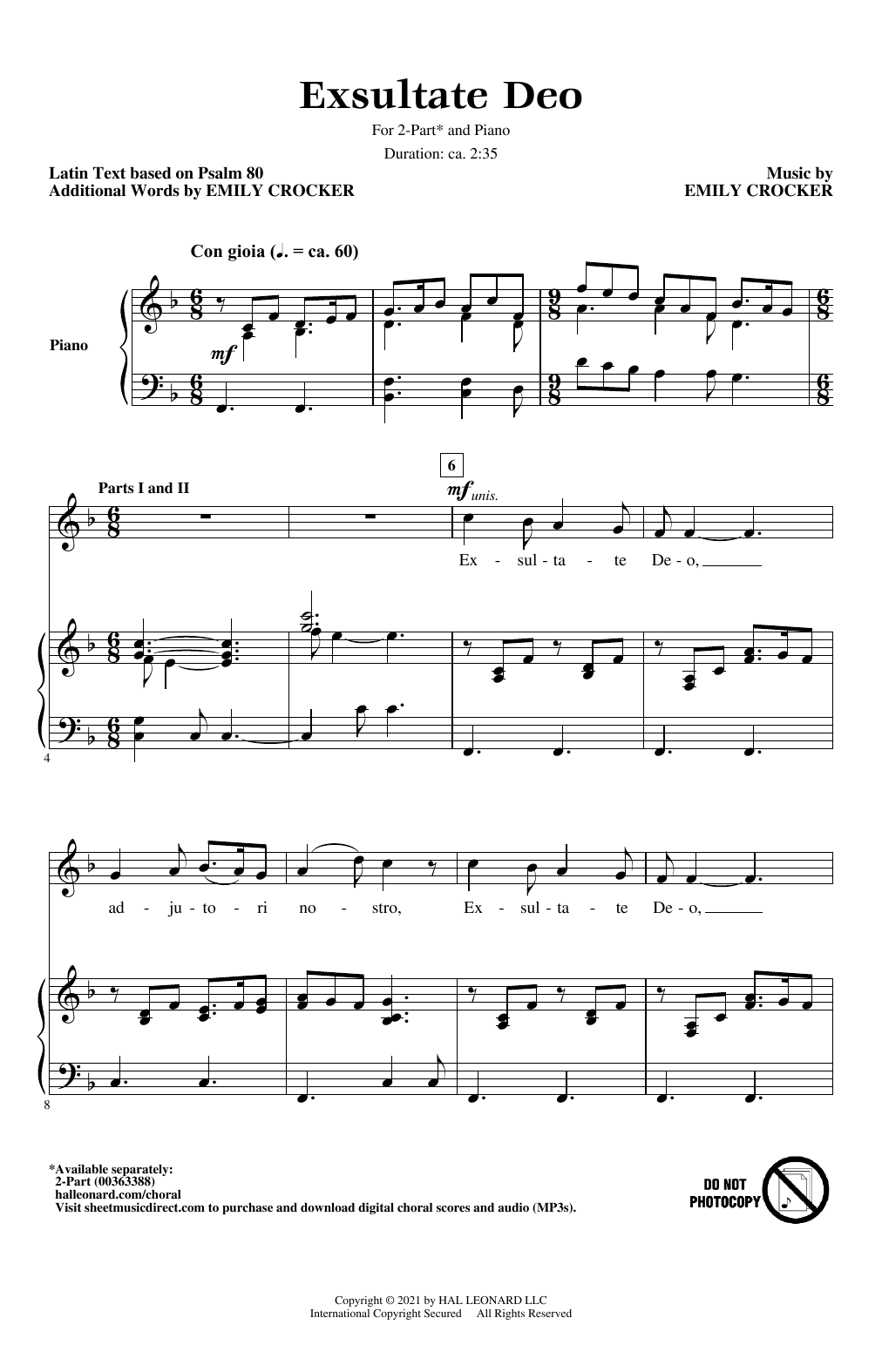 Emily Crocker Exsultate Deo sheet music notes and chords arranged for 2-Part Choir