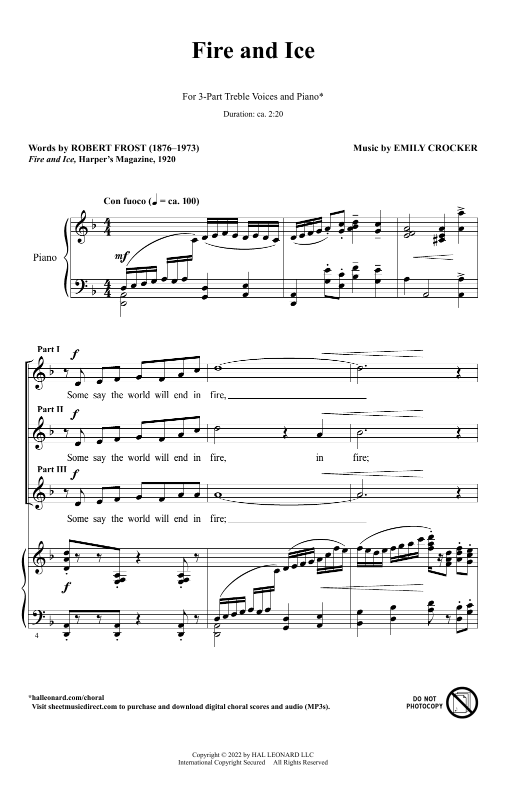 Emily Crocker Fire And Ice sheet music notes and chords arranged for SSA Choir