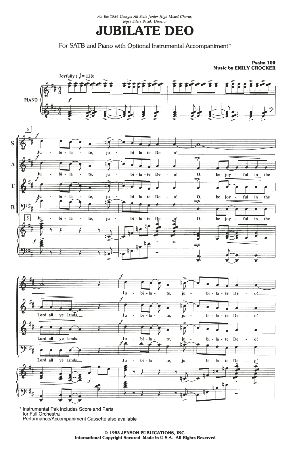 Emily Crocker Jubilate Deo sheet music notes and chords arranged for SATB Choir