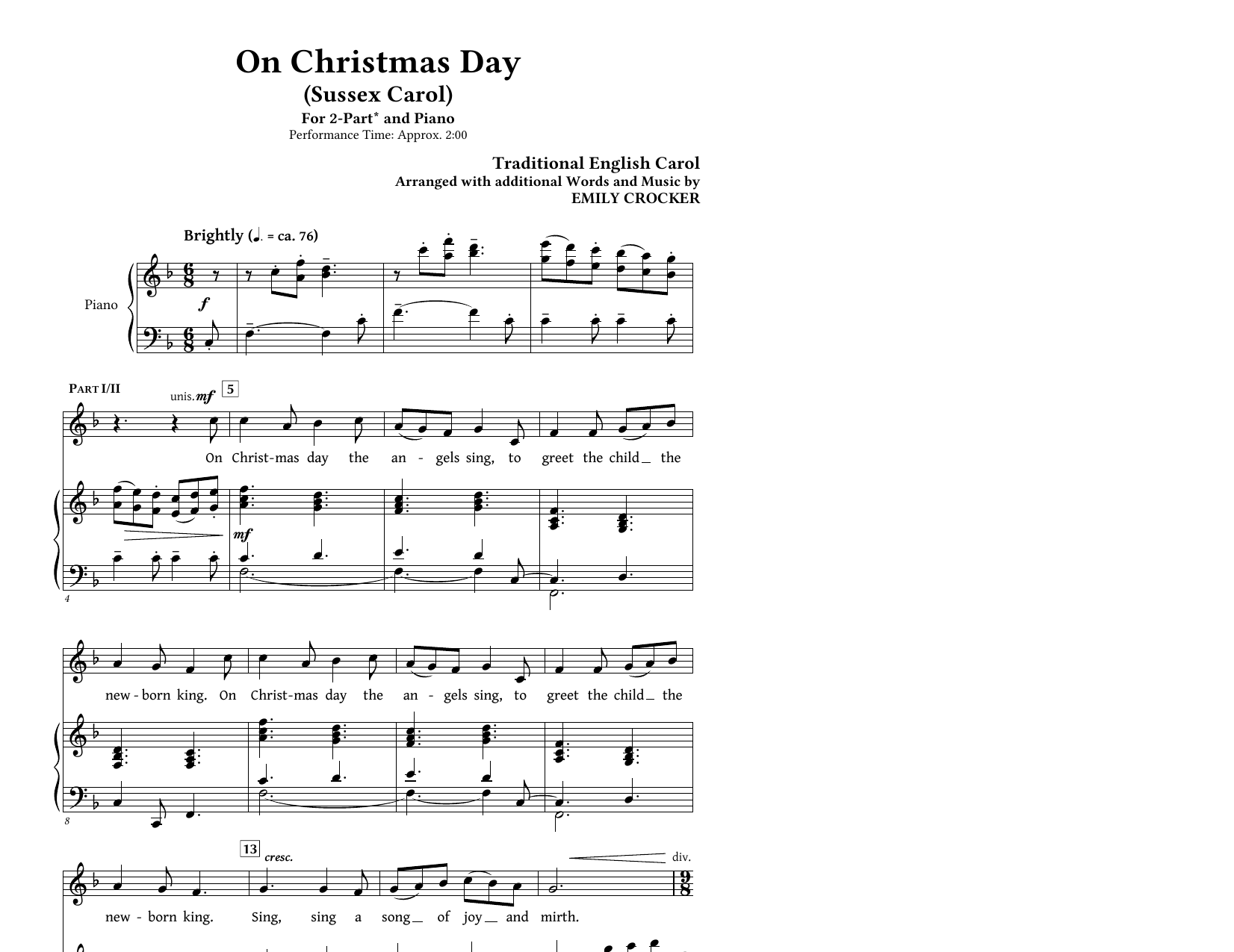 Emily Crocker On Christmas Day (Sussex Carol) sheet music notes and chords arranged for 2-Part Choir
