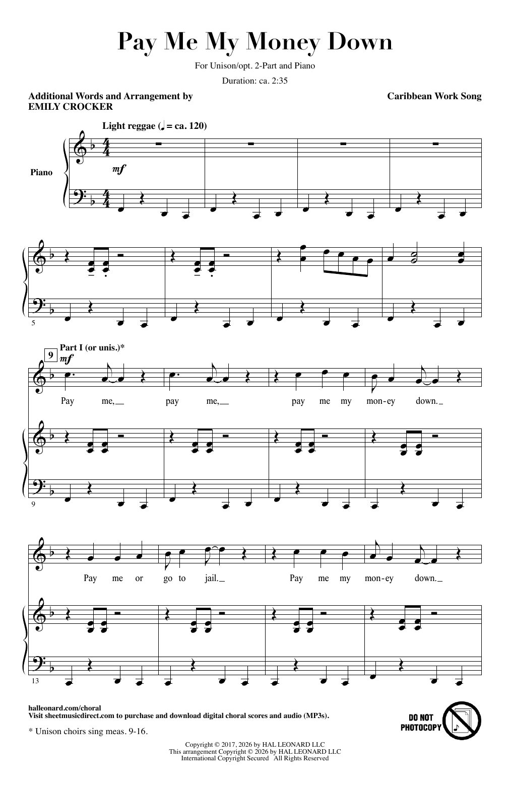 Emily Crocker Pay Me My Money Down sheet music notes and chords arranged for Choir