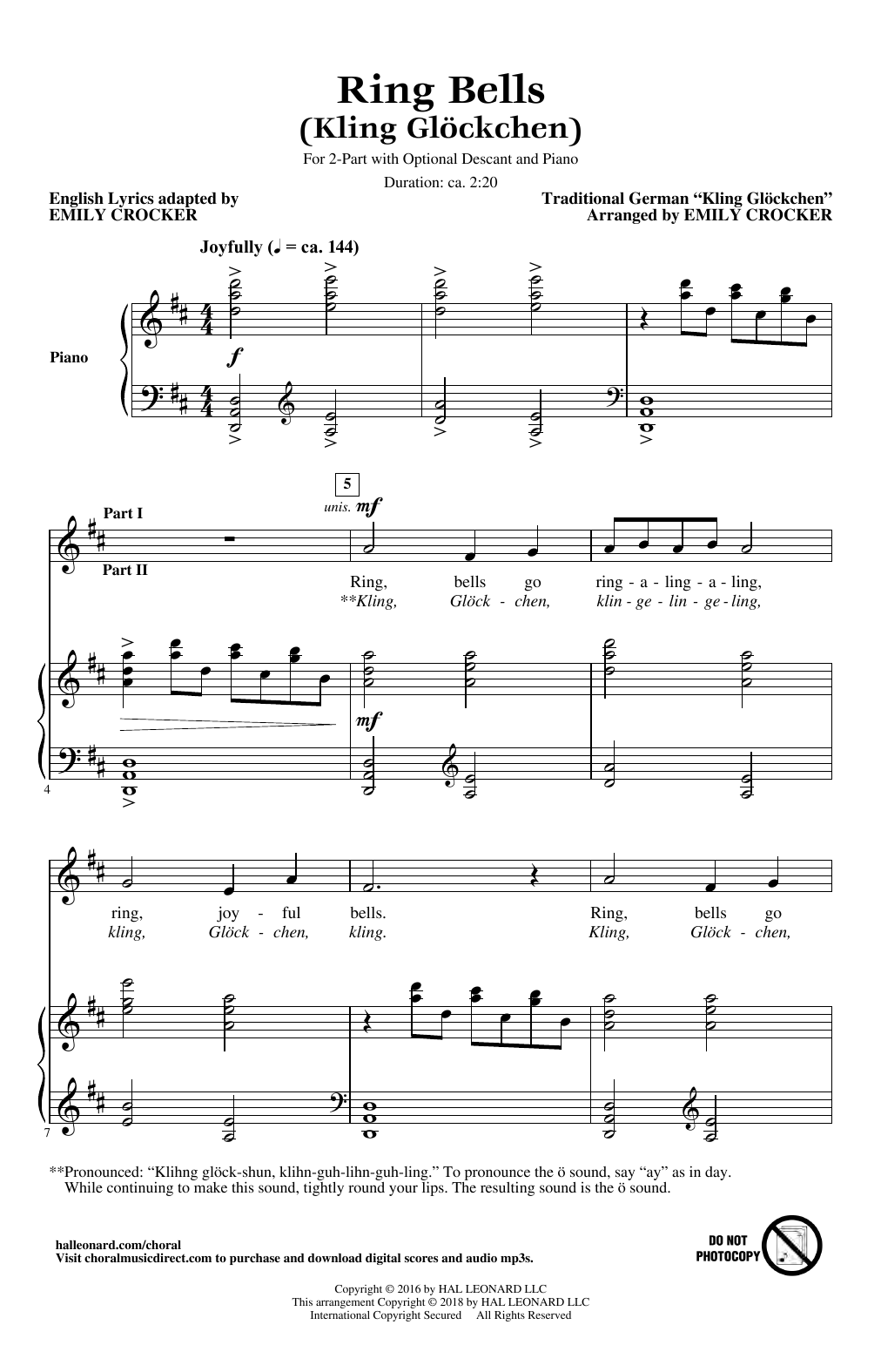 Emily Crocker Ring Bells (Kling Glockchen) sheet music notes and chords arranged for 2-Part Choir